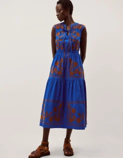Madison Sleeveless Embroidered Midi Dress Blue