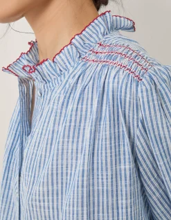Maeve Ruffle Stripe Shirt Blue