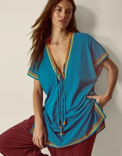 Maeve V-Neck Mini Kaftan Blue