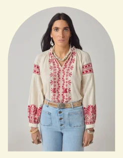 Maison Hotel Antonella Floral Embroidered Blouse Red