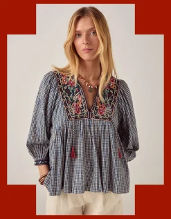 Maison Hotel April Embroidered Gingham Blouse Blue