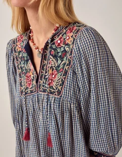 Maison Hotel April Embroidered Gingham Blouse Blue