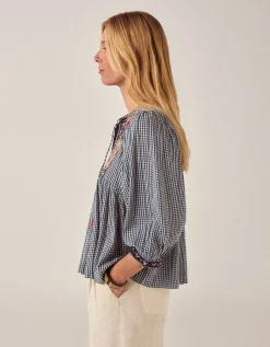 Maison Hotel April Embroidered Gingham Blouse Blue