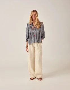 Maison Hotel April Embroidered Gingham Blouse Blue