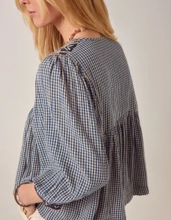 Maison Hotel April Embroidered Gingham Blouse Blue