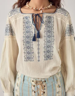 Maison Hotel Claudia Embroidered Blouse Blue