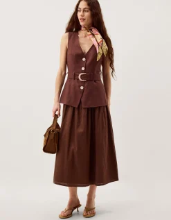 Margot Belted Linen Blend Midi Dress Brown