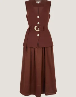 Margot Belted Linen Blend Midi Dress Brown