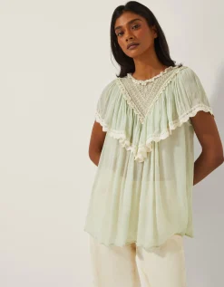 Maria Sheer Lace Ruffle Top Green