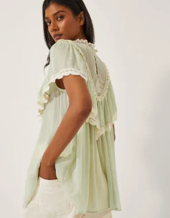 Maria Sheer Lace Ruffle Top Green