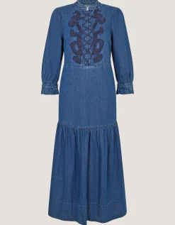 Melissa Embroidered Denim Midi Dress Blue