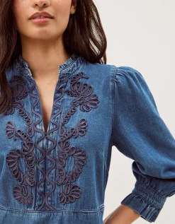 Melissa Embroidered Denim Midi Dress Blue