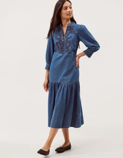 Melissa Embroidered Denim Midi Dress Blue