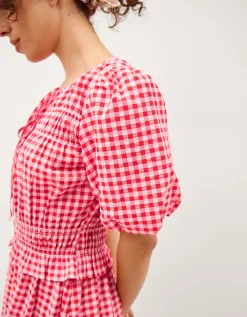 Mel Puff Sleeve Gingham Midi Dress Red