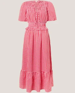 Mel Puff Sleeve Gingham Midi Dress Red