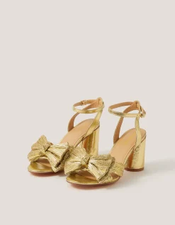 Metallic Bow Block Heel Sandals Gold