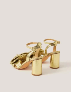 Metallic Bow Block Heel Sandals Gold