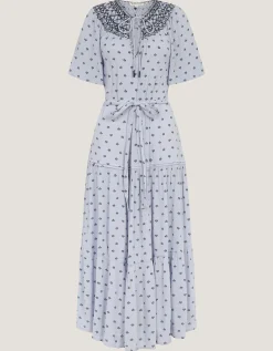Mia Embroidered Print Midi Dress Blue