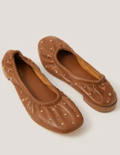 Mila Leather Stud Ballet Pumps Tan
