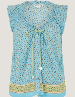 Millie Print Frill Top Blue