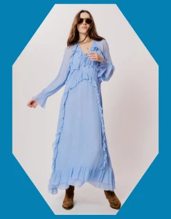 Moliin Long Sleeve Ruffle Maxi Dress Blue