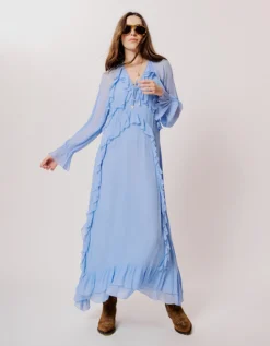 Moliin Long Sleeve Ruffle Maxi Dress Blue