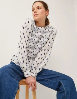 Molly Spot Smocked Top Ivory