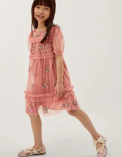 Mon Cheri Floral Embroidered Mesh Dress Pink