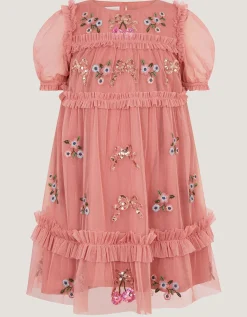 Mon Cheri Floral Embroidered Mesh Dress Pink