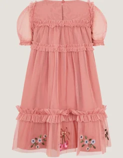 Mon Cheri Floral Embroidered Mesh Dress Pink