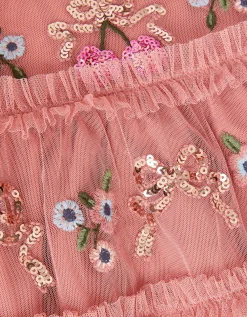 Mon Cheri Floral Embroidered Mesh Dress Pink