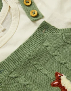 Newborn Fox Cable Knit Dungarees Set Green