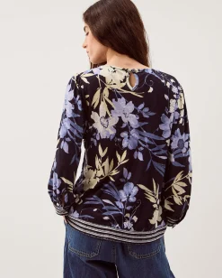 Nicolette Floral Linen Blend Top Blue