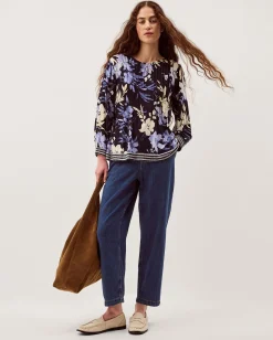 Nicolette Floral Linen Blend Top Blue