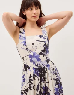 Nicolette Floral Linen Blend Midi Dress Blue