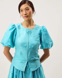 Odette Puff Sleeve Floral Appliqué Jacket Blue