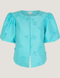 Odette Puff Sleeve Floral Appliqué Jacket Blue
