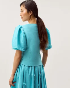 Odette Puff Sleeve Floral Appliqué Jacket Blue