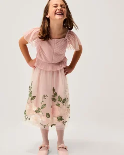 Olene Floral Embroidered Tulle Skirt Orange
