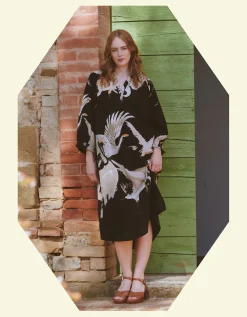 One Hundred Stars Stork Print Midi Dress Black