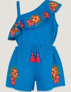 One-Shoulder Floral Embroidered Playsuit Blue