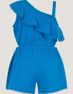 One-Shoulder Floral Embroidered Playsuit Blue