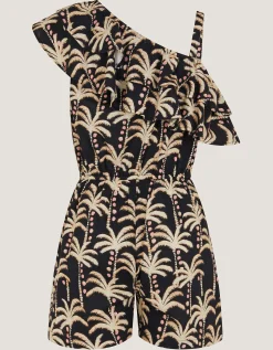 One-Shoulder Palm Print Frill Playsuit Black