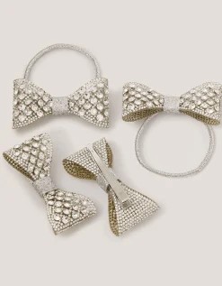 4-Pack Rhinestone Bow Hair Bands & Clips Silver