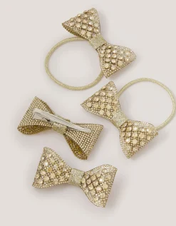 4-Pack Rhinestone Bow Hair Bands & Clips Gold
