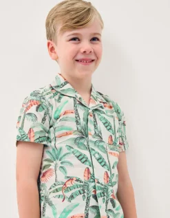 Palm Print Cotton Shirt & Shorts Set Ivory