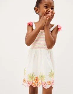 Palm Print Smocked Playsuit Ivory