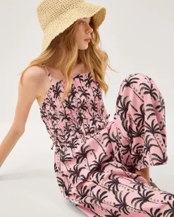 Palm Print Strappy Jumpsuit Pink