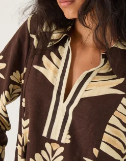 Pamela Linen Blend Leaf Print Top Brown