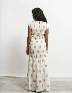 Par & Escala Bee Smocked Sun Print Maxi Dress White